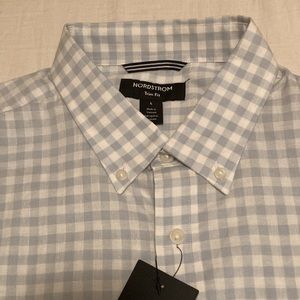 Nordstrom light bl & wht gingham long sl, Lg, 57% cotton, 41% linen, 2% spandex